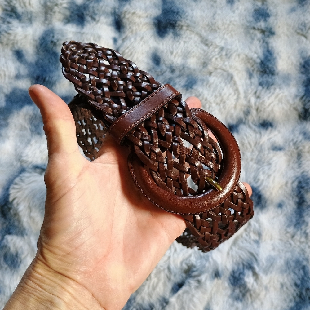 Vintage 90s Brown Woven Leather Belt, 1990s Fashion